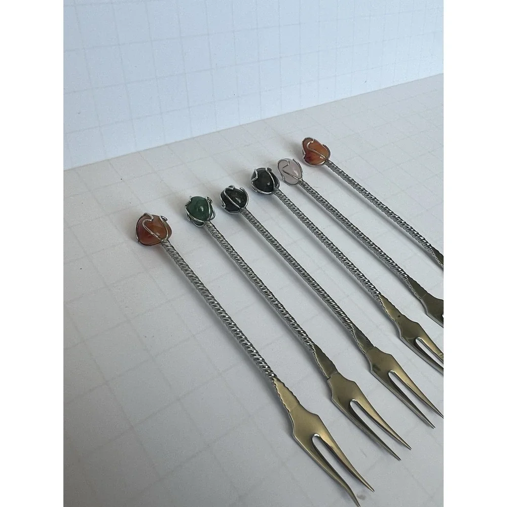 Vintage Cocktail Fork Set 6 Colored Stone Tops